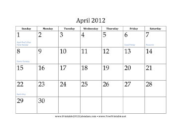 April 2012 Calendar Calendar
