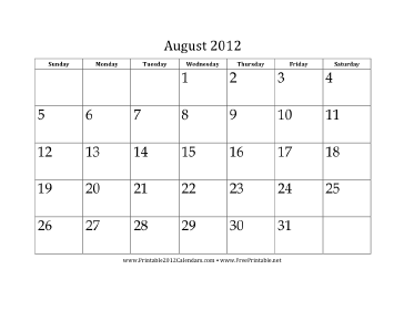 August 2012 Calendar Calendar