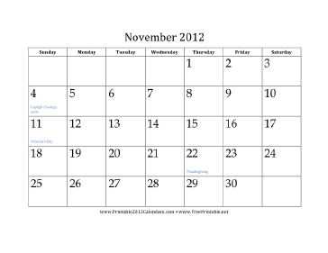 November 2012 Calendar Calendar