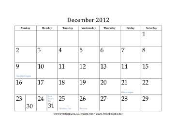 December 2012 Calendar Calendar