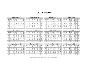 2012 Calendar on one page (horizontal grid) Calendar