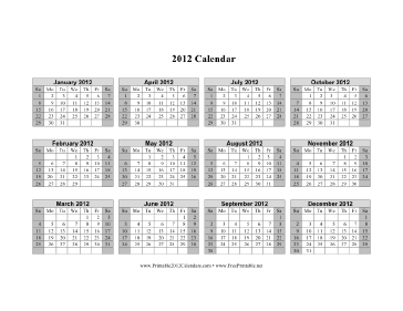 2012 Calendar on one page (horizontal, shaded weekends) Calendar