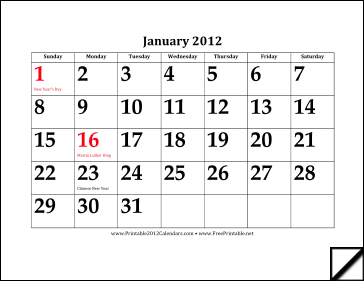 2012 Calendar with Large Dates Calendar