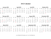 2012 Calendar (horizontal, descending, holidays in red) calendar
