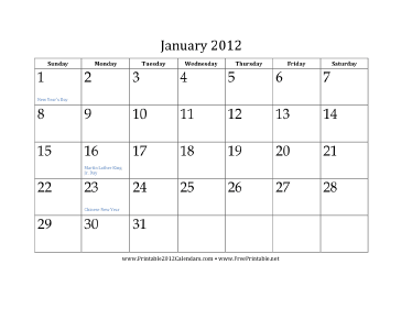 January 2012 Calendar Calendar