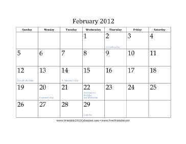 February 2012 Calendar Calendar