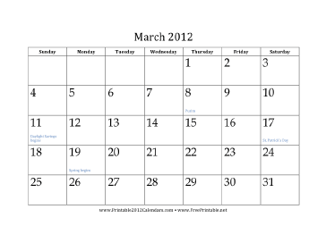 March 2012 Calendar Calendar
