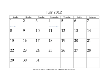July 2012 Calendar Calendar