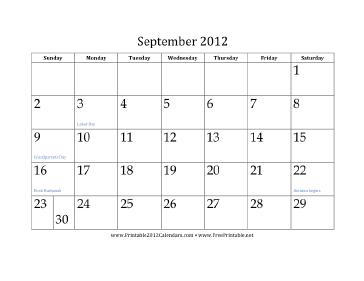 September 2012 Calendar Calendar