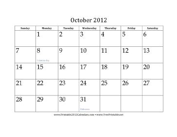 October 2012 Calendar Calendar
