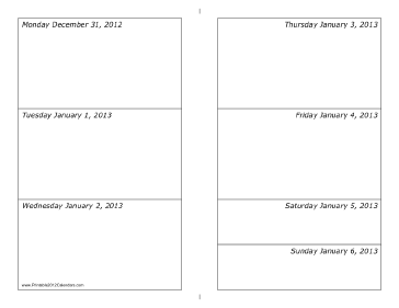 12/31/2012 Weekly Calendar-landscape Calendar