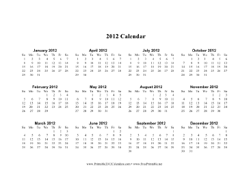 2012 Calendar (horizontal, descending) Calendar