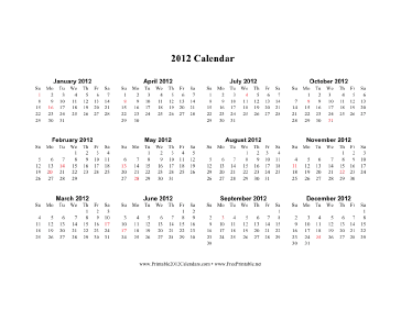 2012 Calendar (horizontal, descending, holidays in red) Calendar