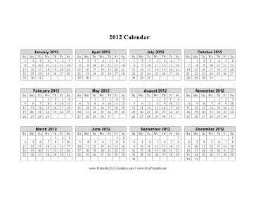 2012 Calendar (horizontal grid, descending) Calendar