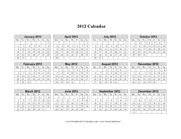 2012 Calendar on one page (horizontal, week starts on Monday) Calendar