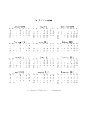 2012 Calendar (vertical, descending) Calendar