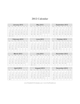 2012 Calendar on one page (vertical, week starts on Monday) Calendar