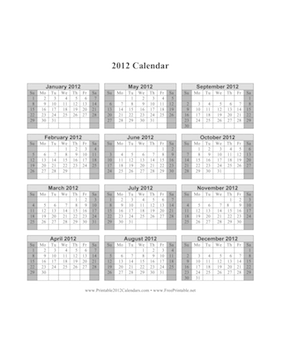 2012 Calendar on one page (vertical, shaded weekends) Calendar