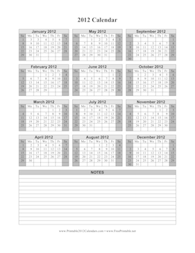 2012 Calendar on one page (vertical, shaded weekends, notes) Calendar