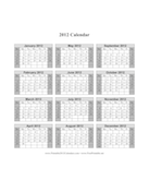 2012 Calendar on one page (vertical, shaded weekends) calendar